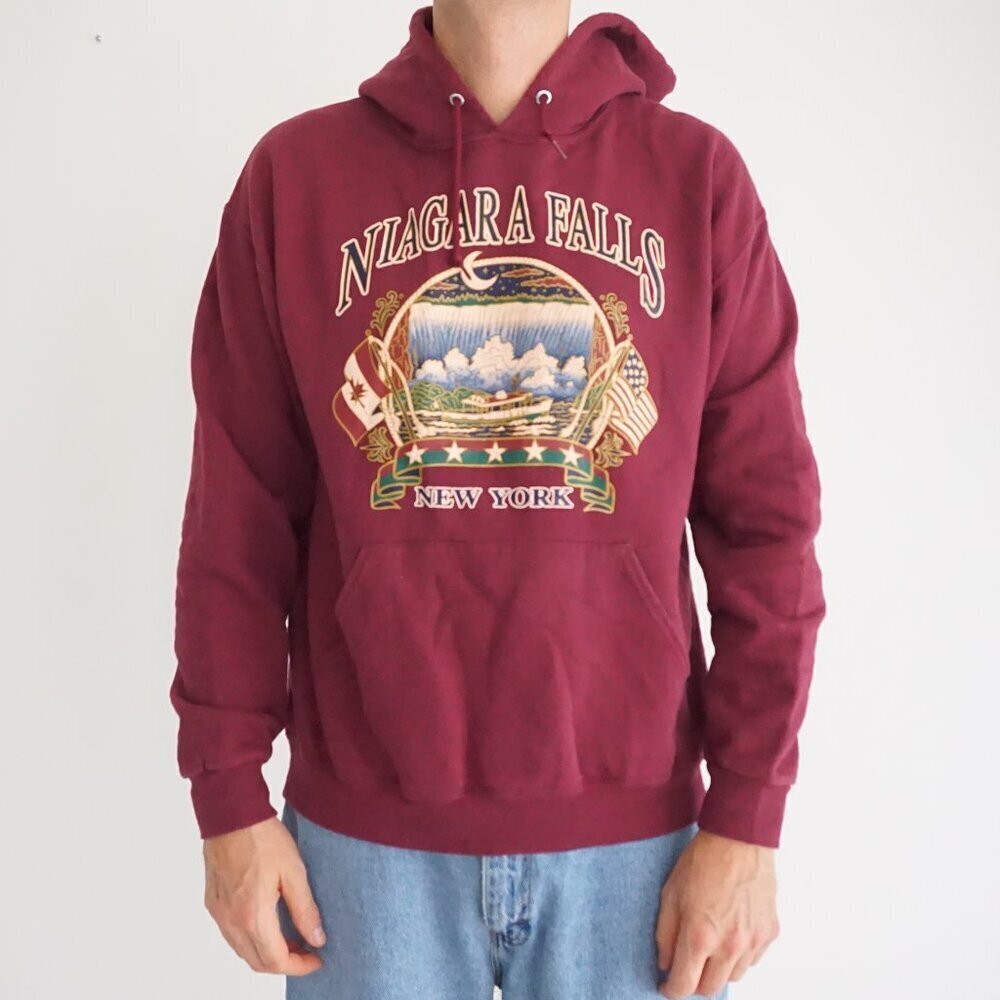 Vintage Niagara Falls Hoodie Maroon Graphic USA Souvenir 90s Travel Sweatshirt M